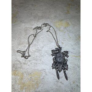 Pewter Cuckoo Clock Necklace Silvertone with Dangle Details